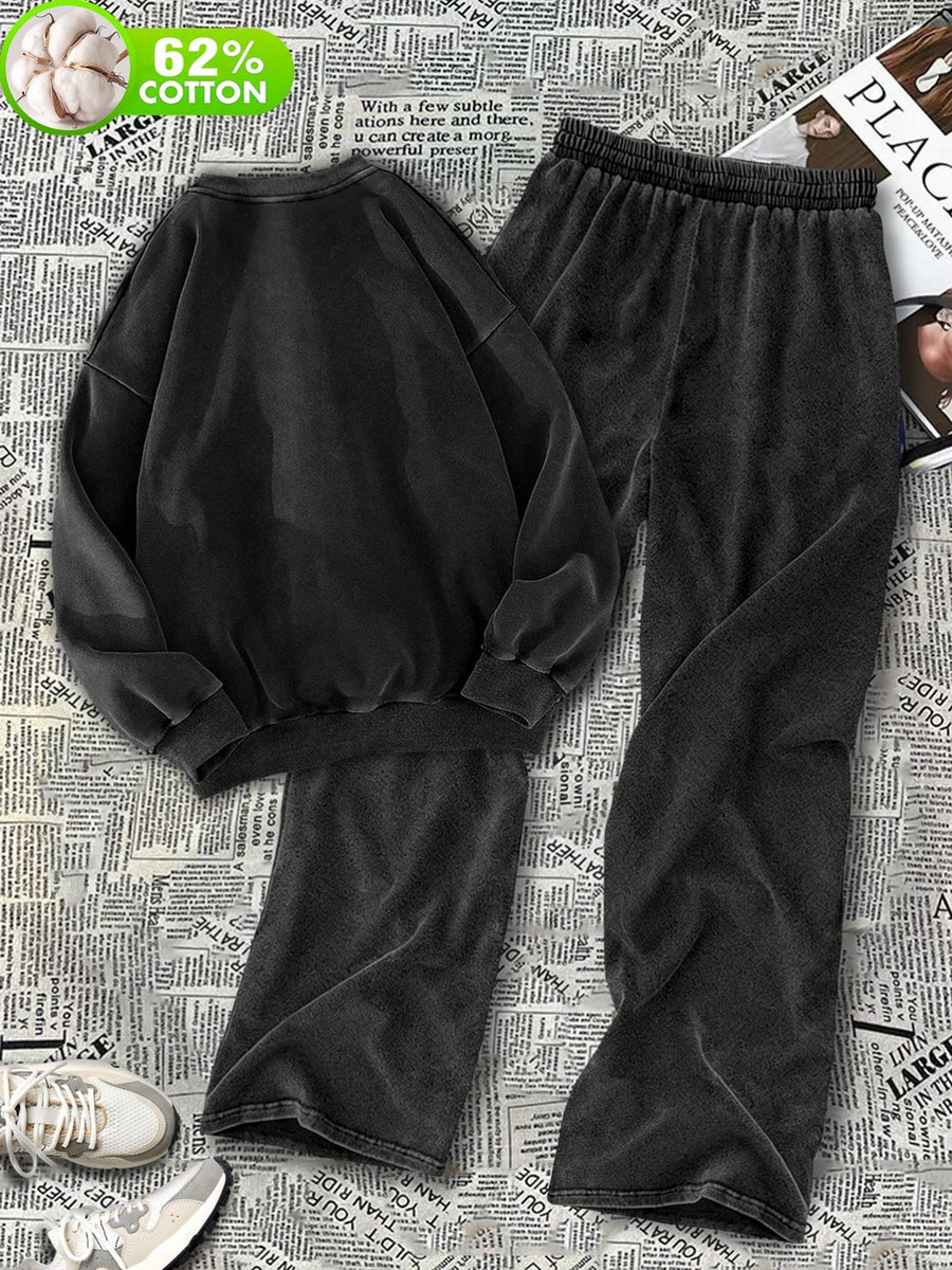 Färgad Oversized Tröja & Vida Byxor Set med Tryck