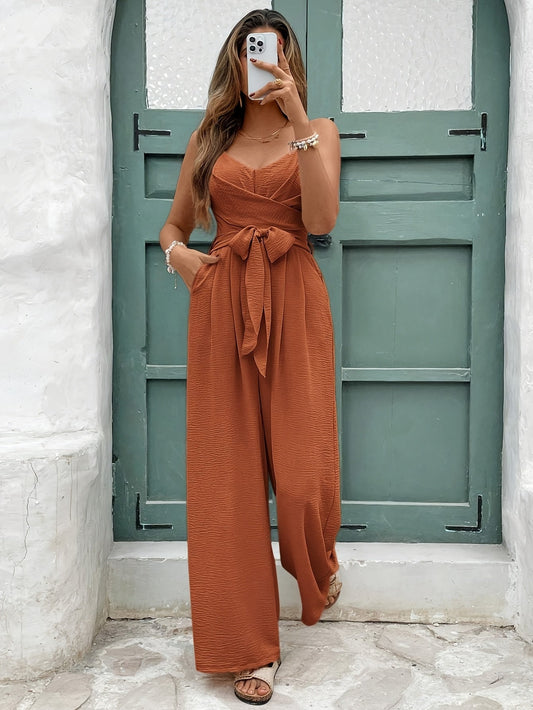 Dam Elegant Jumpsuit med Midjeband och V-ringning för Vår/Sommar – Perfekt för Fester och Semestern