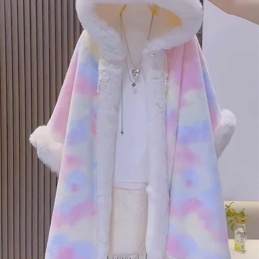 Regnbågsfärgad Fuskpäls Cape Poncho med Huva och Fransar