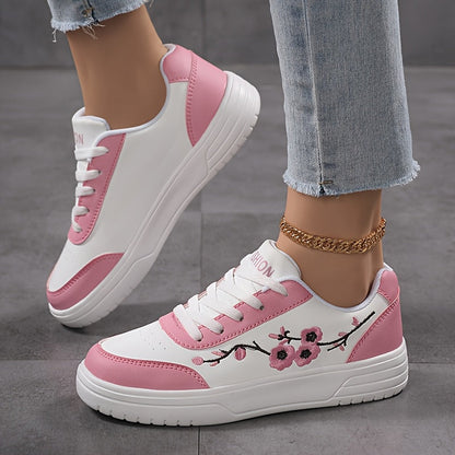 Dam Sneakers Elegant Stil Vardagsskor med Broderade Blommor och Snörning
