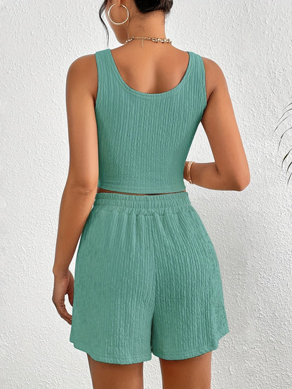 Dam Set – Trendigt Ribbat Linne och Shorts, Perfekt för Vår och Sommar, Avslappnad och Elegant Look