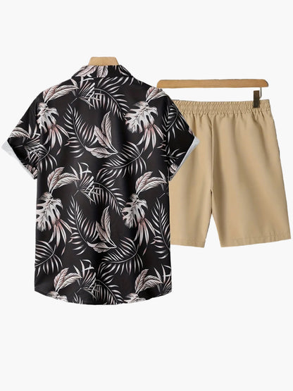 Herr Semester Set – Kortärmad Skjorta och Shorts med Tropiskt Mönster, Avslappnad Sommarstil