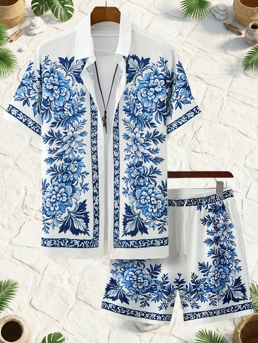 Herrset – Somrig kortärmad skjorta och shorts med blommönster, avslappnad semesterstil