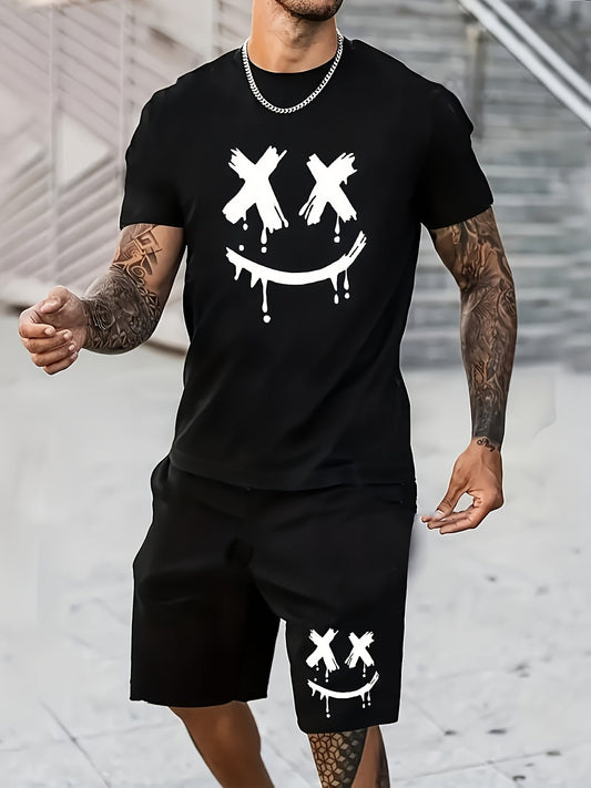 Herrarnas trendiga tvådelade set med grafiskt smileytryck – T-shirt och shorts för casual och streetwear