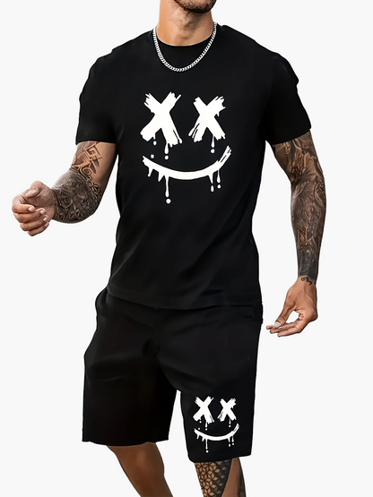 Herrarnas trendiga tvådelade set med grafiskt smileytryck – T-shirt och shorts för casual och streetwear
