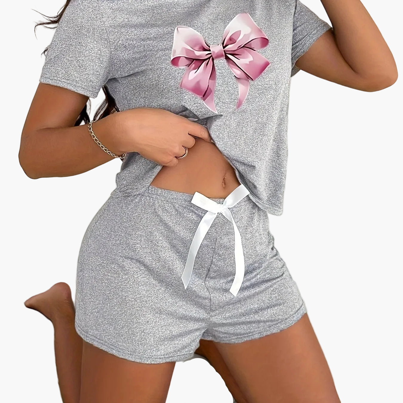 Dam Pyjamaset med Rosettmotiv – Kortärmad Topp & Shorts, Sommar, Avslappnad Stil