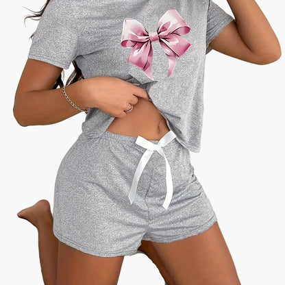 Dam Pyjamaset med Rosettmotiv – Kortärmad Topp & Shorts, Sommar, Avslappnad Stil