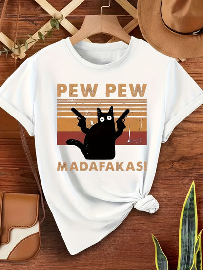 Herr T-shirt med rolig katt och retrotryck – Pew Pew Madafakas – Kort ärm, avslappnad stil