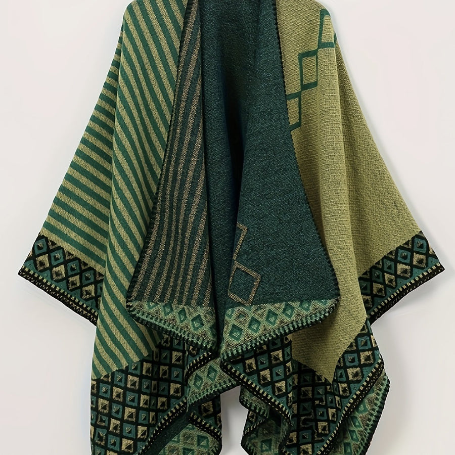 Grön Mönstrad Sjalponcho med Geometriskt Tryck och Fransdetaljer
