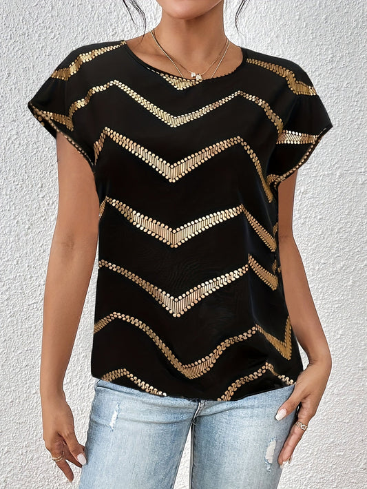 Dam Topp Elegant Geometriskt Mönster Kortärmad Blus för Vår och Sommar
