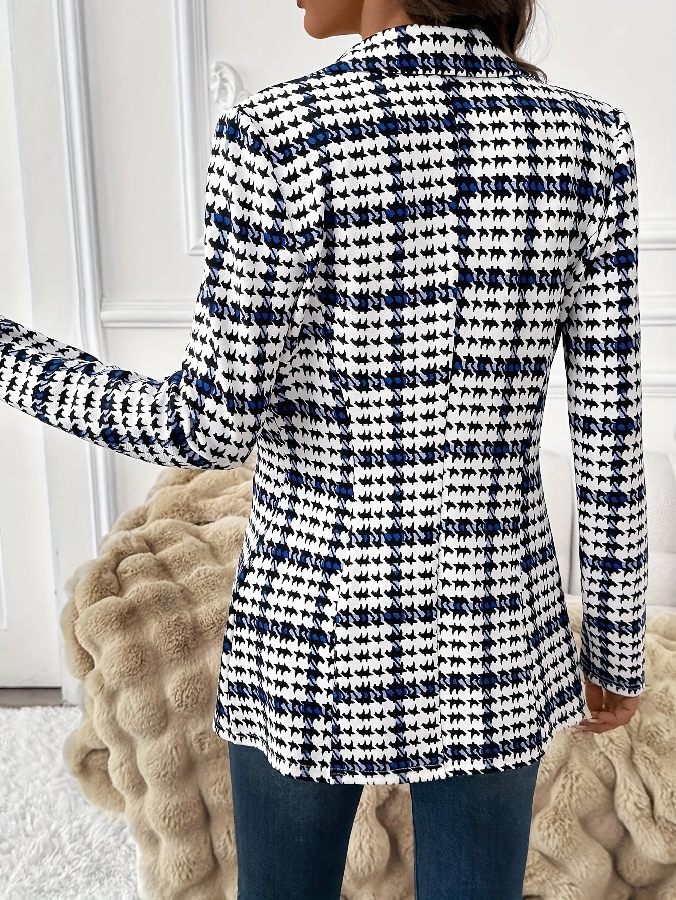 Dam Elegant Rutigt Kavaj Blazer för Vår – Långärmad, Stilren och Mångsidig