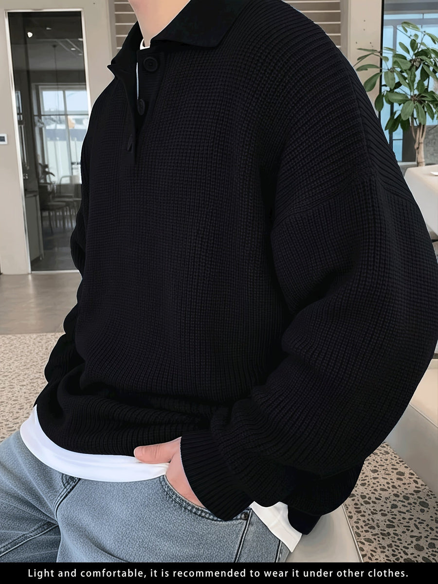 Herr stickad tröja med krage och knappar ribbad struktur