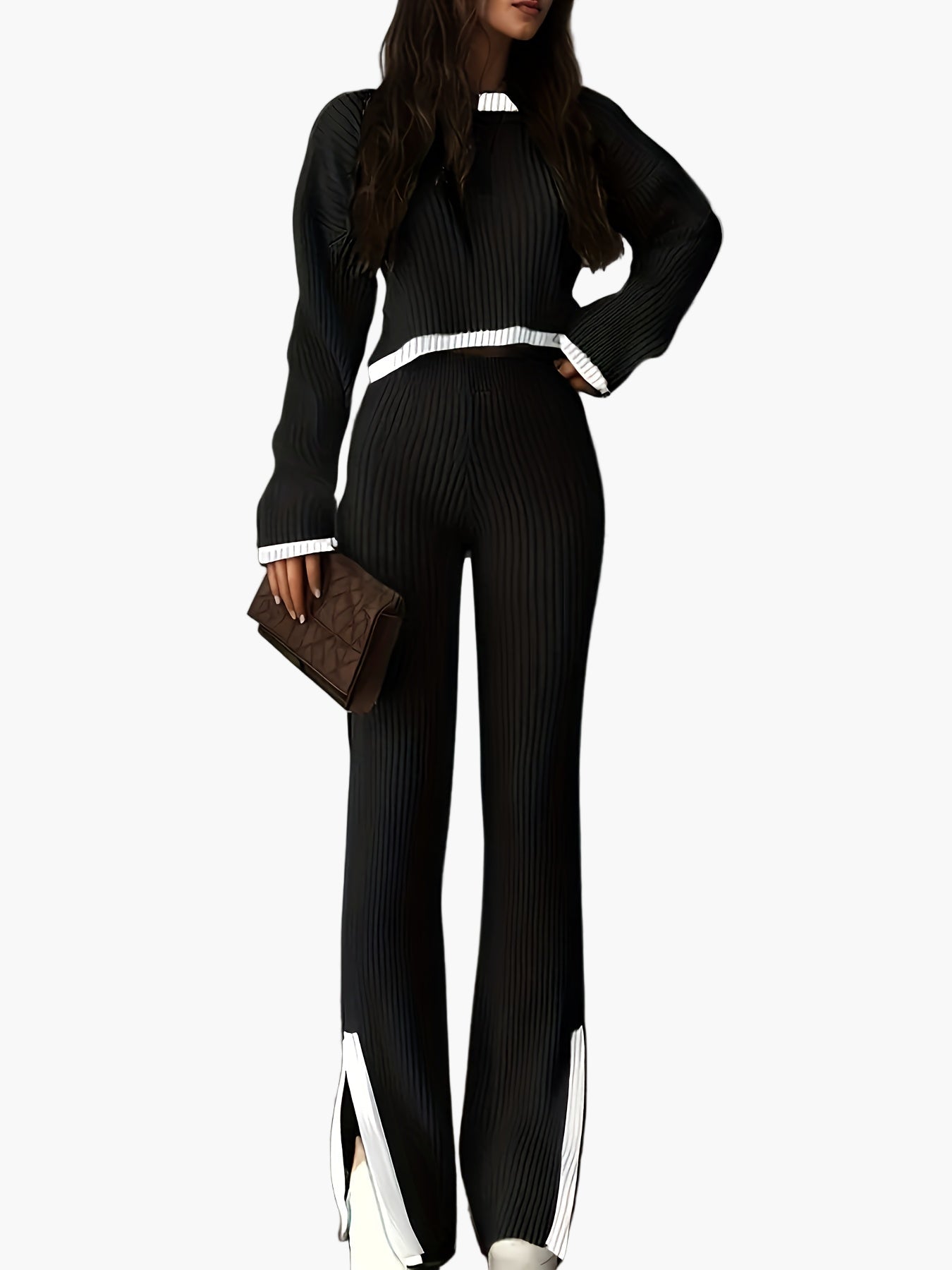Dam Set Elegant Stickad Loungewear Set med Vida Byxor och Tröja – Perfekt för Höst och Vinter