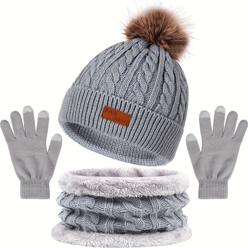 Stickad Mössa Halsduk Vantar Set med Pom-Pom Touchfunktion Vit
