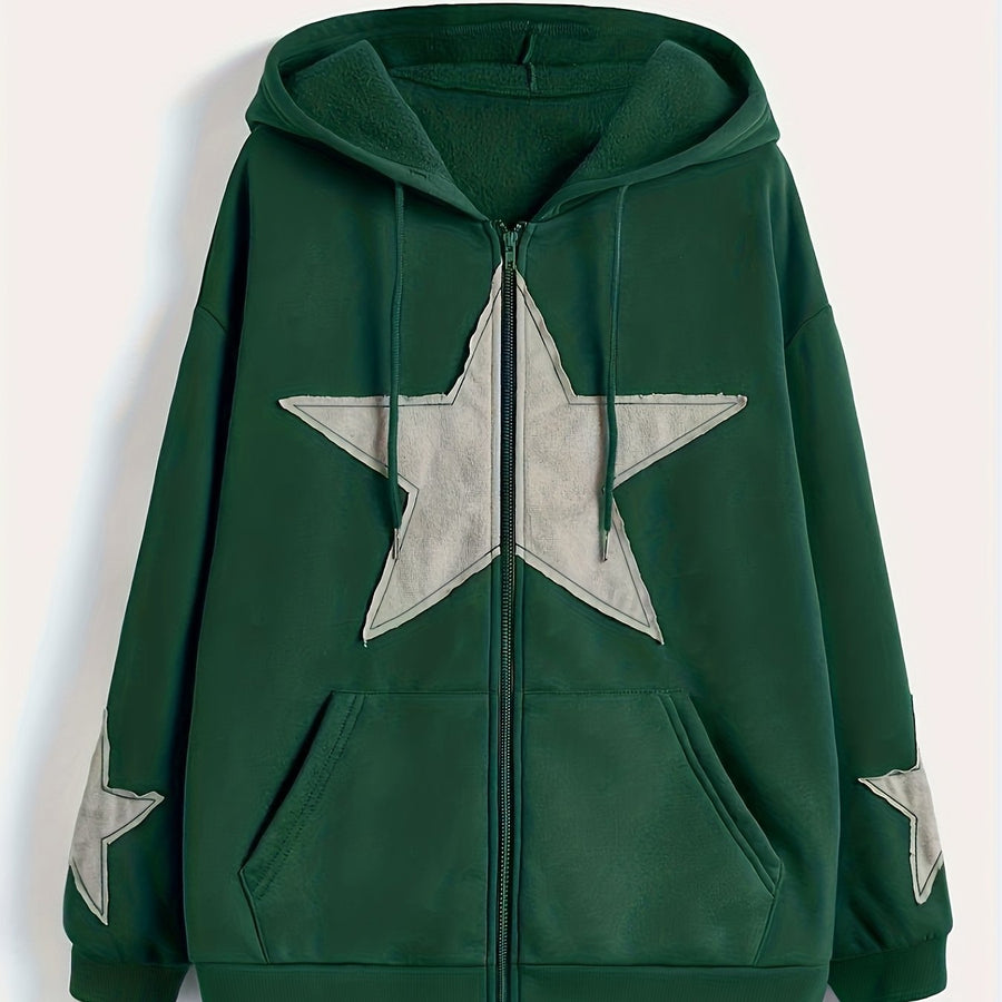 Brun Zip-up Hoodie med Huva och Stjärnmotiv – Rymlig Passform