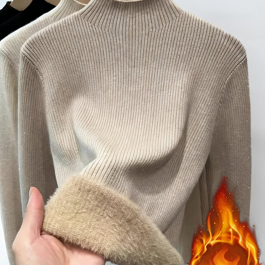 Dam ribbstickad tröja med hög krage och mjukt foder