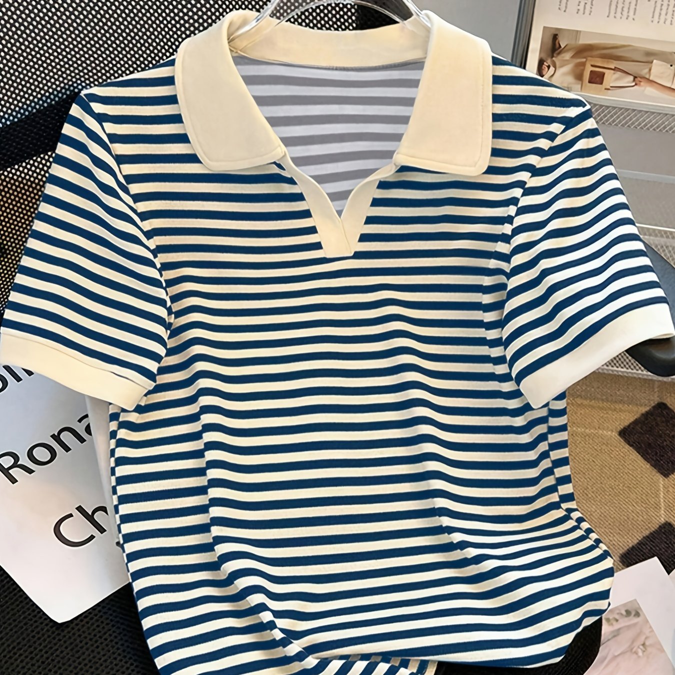 Damers Preppy Randig Pikétröja med Krage – Kortärmad, Vardagsstil, Smart Casual