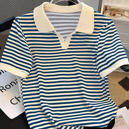 Damers Preppy Randig Pikétröja med Krage – Kortärmad, Vardagsstil, Smart Casual