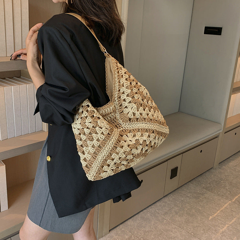 Somrig virkad handväska för kvinnor – boho-inspirerad stor tote väska med axelrem