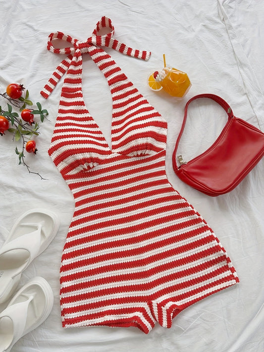 Dam Randig Halterneck Playsuit Retro Sommarstil