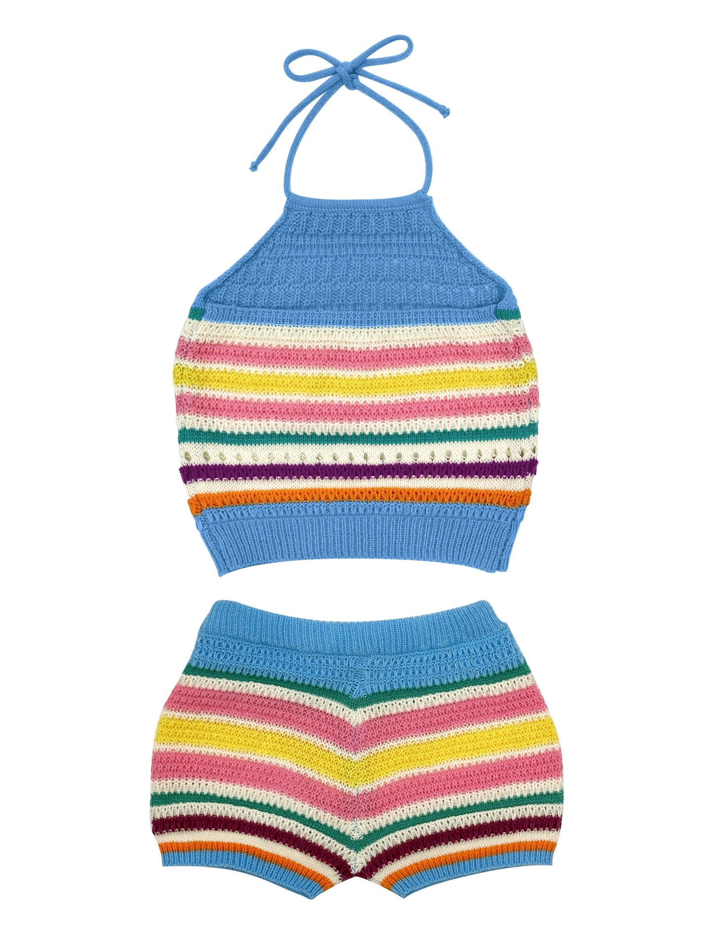 Dam Set Y2K Stickad Halterneck Topp och Shorts – Trendigt Sommaroutfit