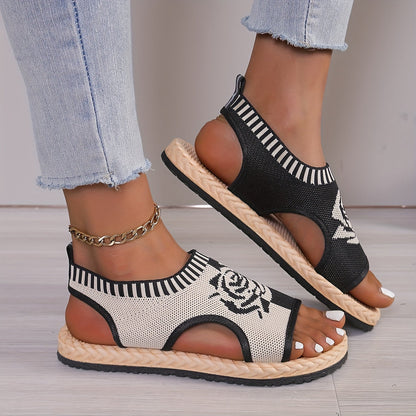 Dam Sandaler med Rosmotiv – Casual Sommarskor med Öppen Tå och Platåsula