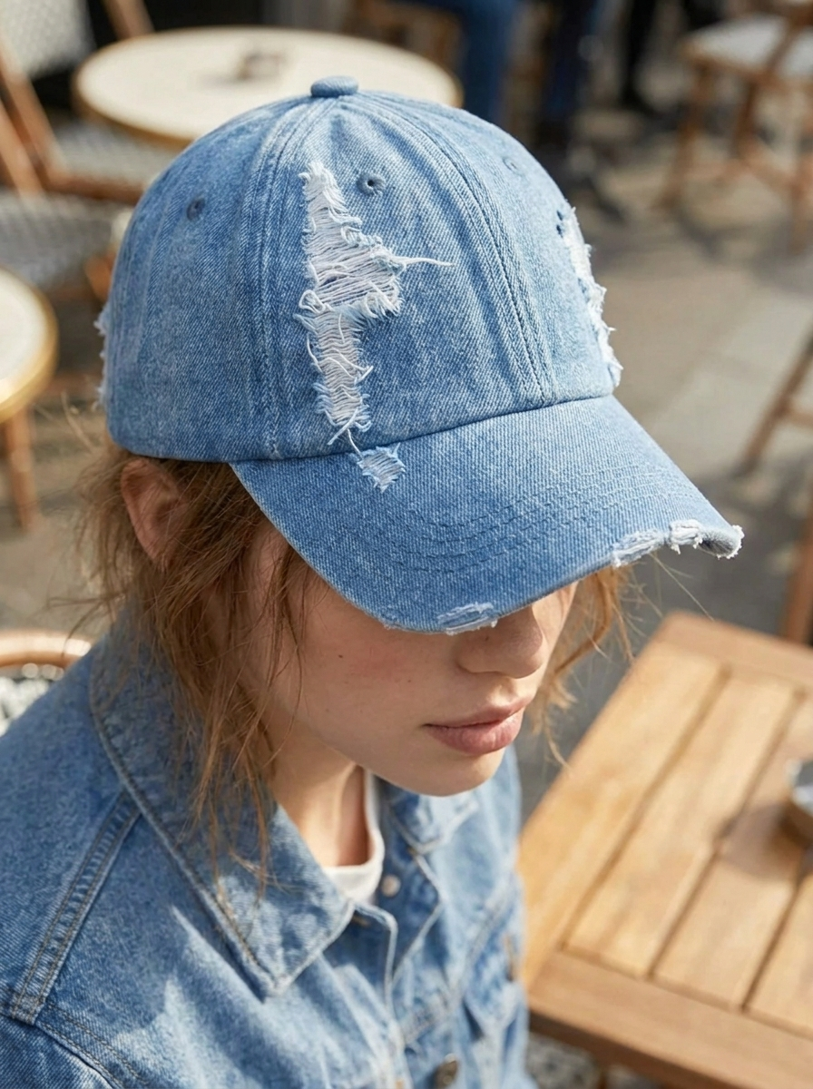 Slitna Denimkeps med Justerbar Rem, Ljusblå