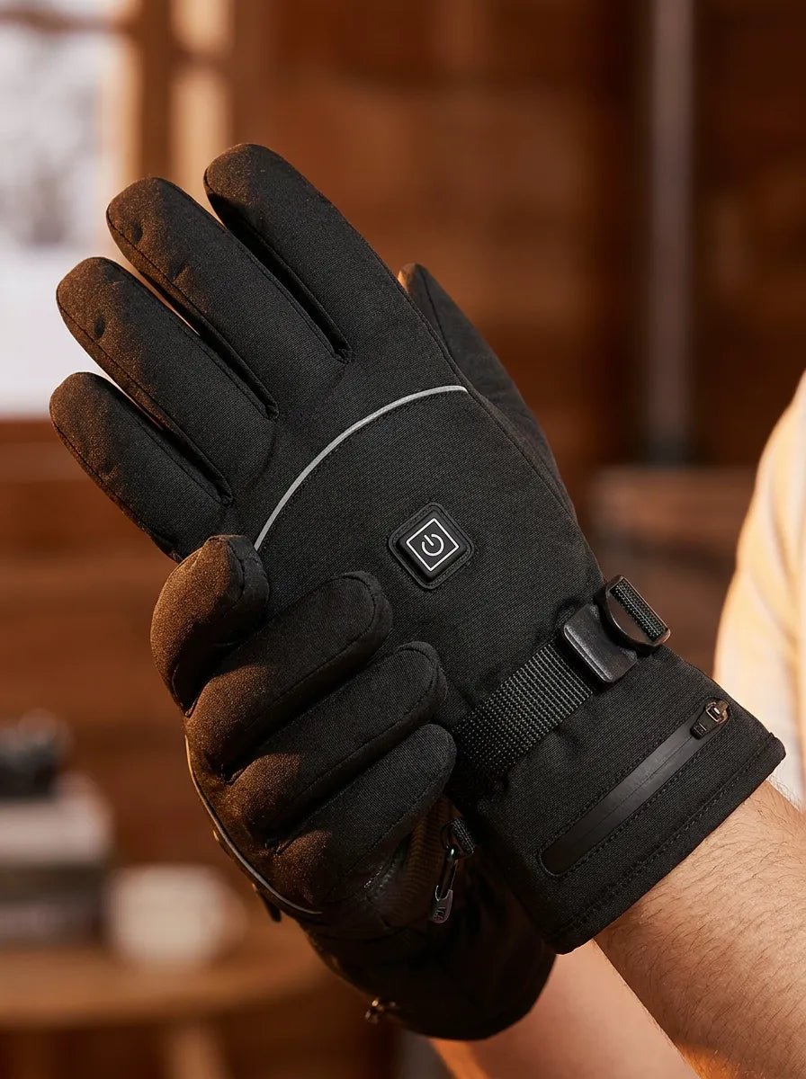 Svarta uppvärmda handskar med dragkedja och justerbar rem, för kyla
