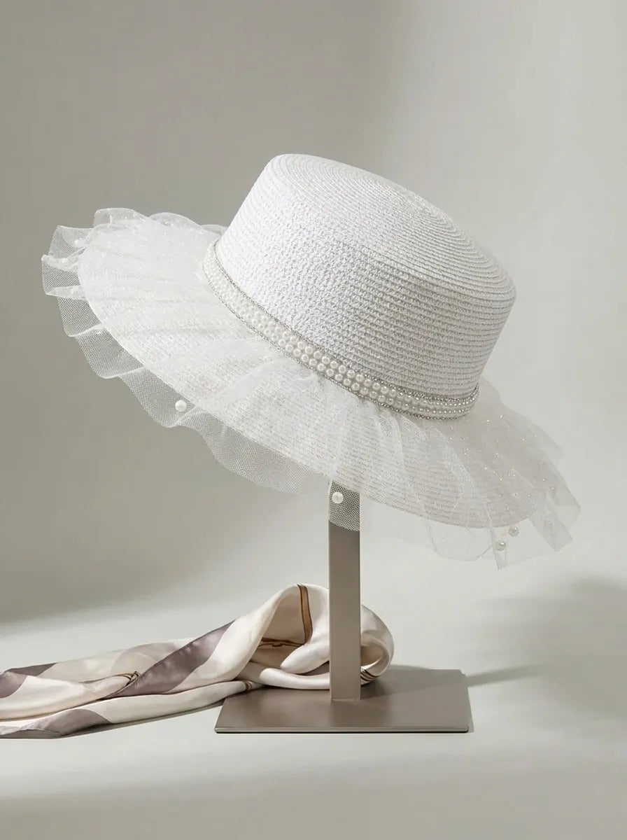 Elegant Damhatt med Pärlband och Tyllkant, Svart eller Vit