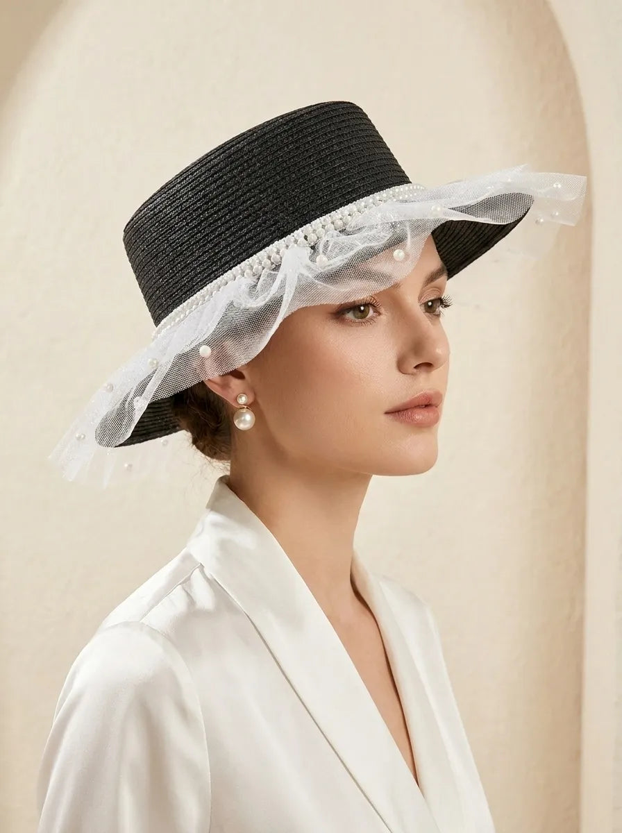 Elegant Damhatt med Pärlband och Tyllkant, Svart eller Vit