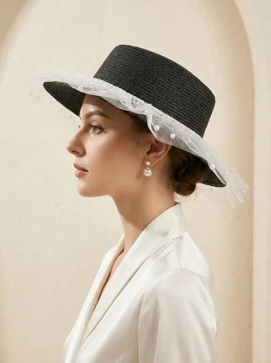 Elegant Damhatt med Pärlband och Tyllkant, Svart eller Vit