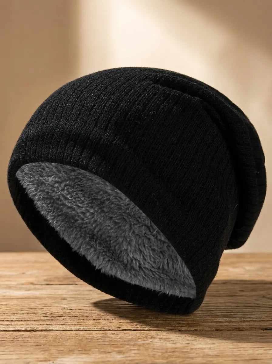 Ribbad Vintermössa med Fleecefoder Unisex Svart