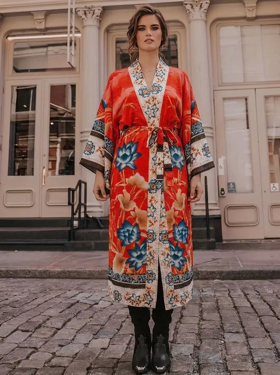 Kimono med blommigt mönster och knytband