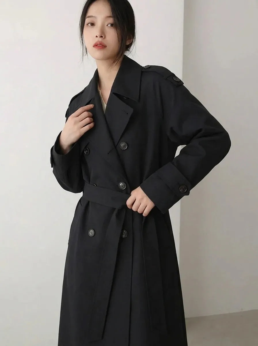 Dam Trenchcoat Dubbelknäppt med Skärp Svart