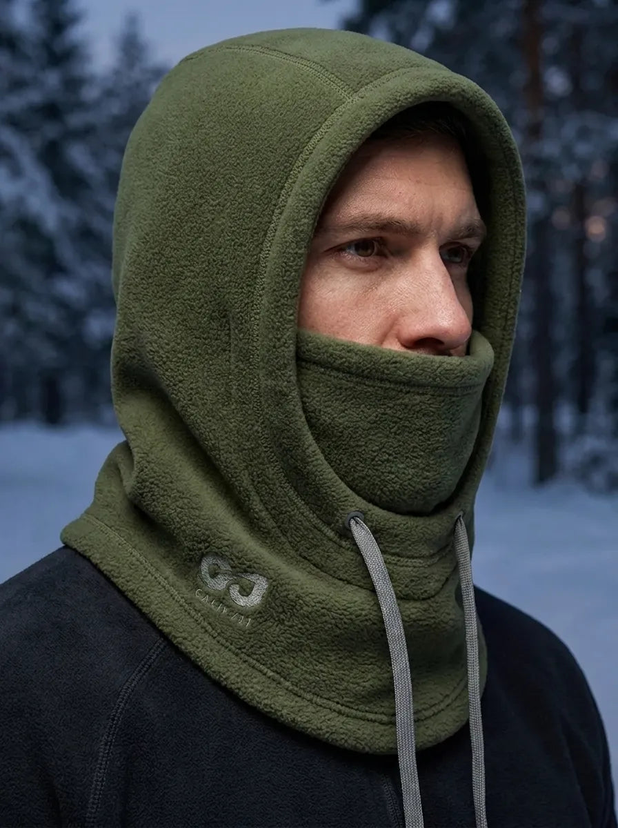 Fleecehuva Balaclava med Dragsko för Kyla – Olivgrön