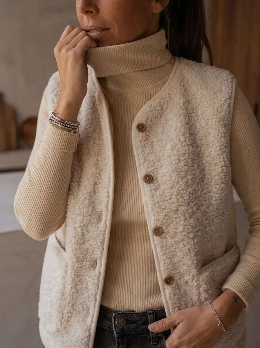 Fårskinnsimitation Västar för dam, beige med knäppning