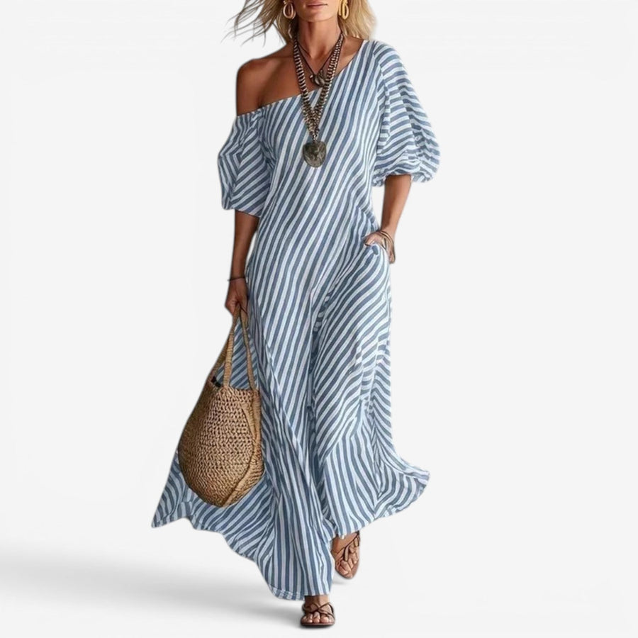 Randig Maxiklänning med Off Shoulder och Puffärm