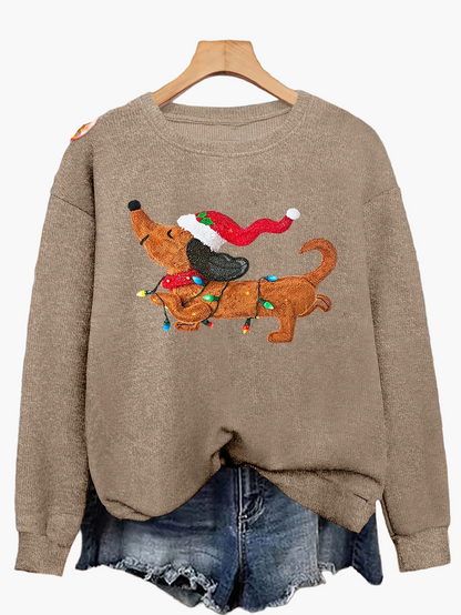 Damtröja med julmotiv och tax – julig och avslappnad stickad pullover