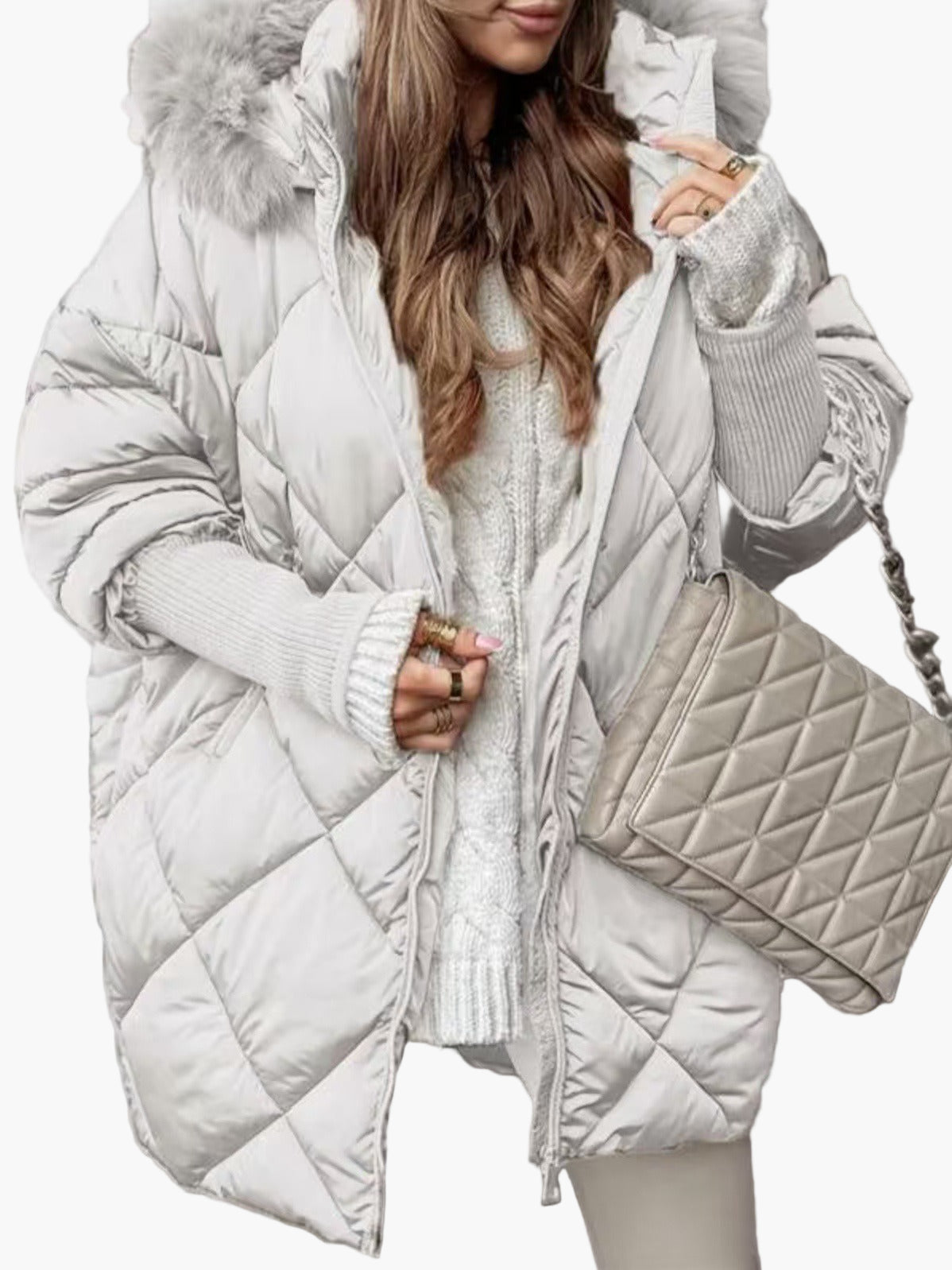 Dam Vinterjacka Oversize Quiltad Varm Parkas med Huva – Trendig och Elegant Ytterplagg för Kallt Väder