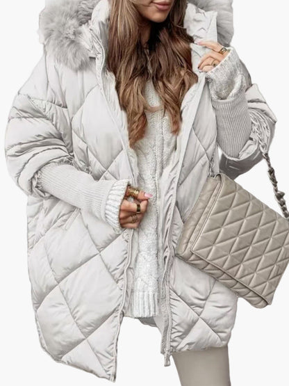 Dam Vinterjacka Oversize Quiltad Varm Parkas med Huva – Trendig och Elegant Ytterplagg för Kallt Väder