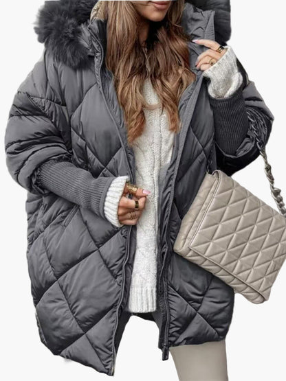 Dam Vinterjacka Oversize Quiltad Varm Parkas med Huva – Trendig och Elegant Ytterplagg för Kallt Väder