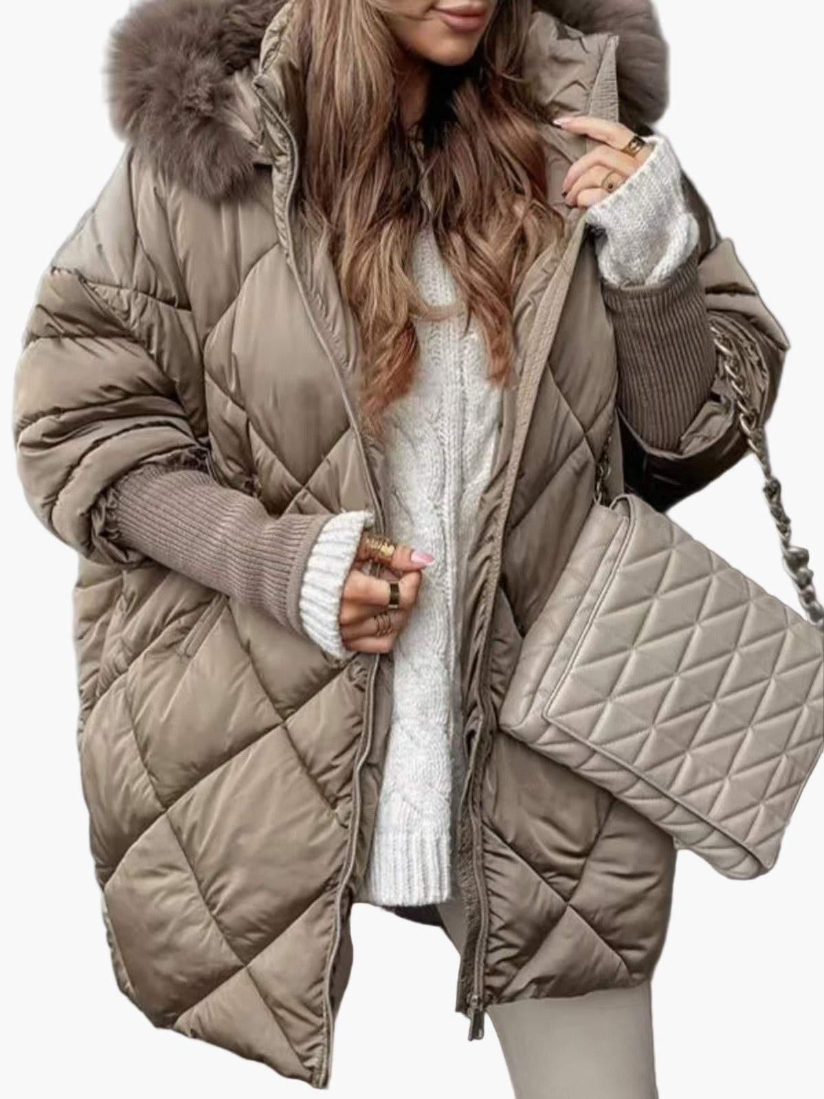Dam Vinterjacka Oversize Quiltad Varm Parkas med Huva – Trendig och Elegant Ytterplagg för Kallt Väder