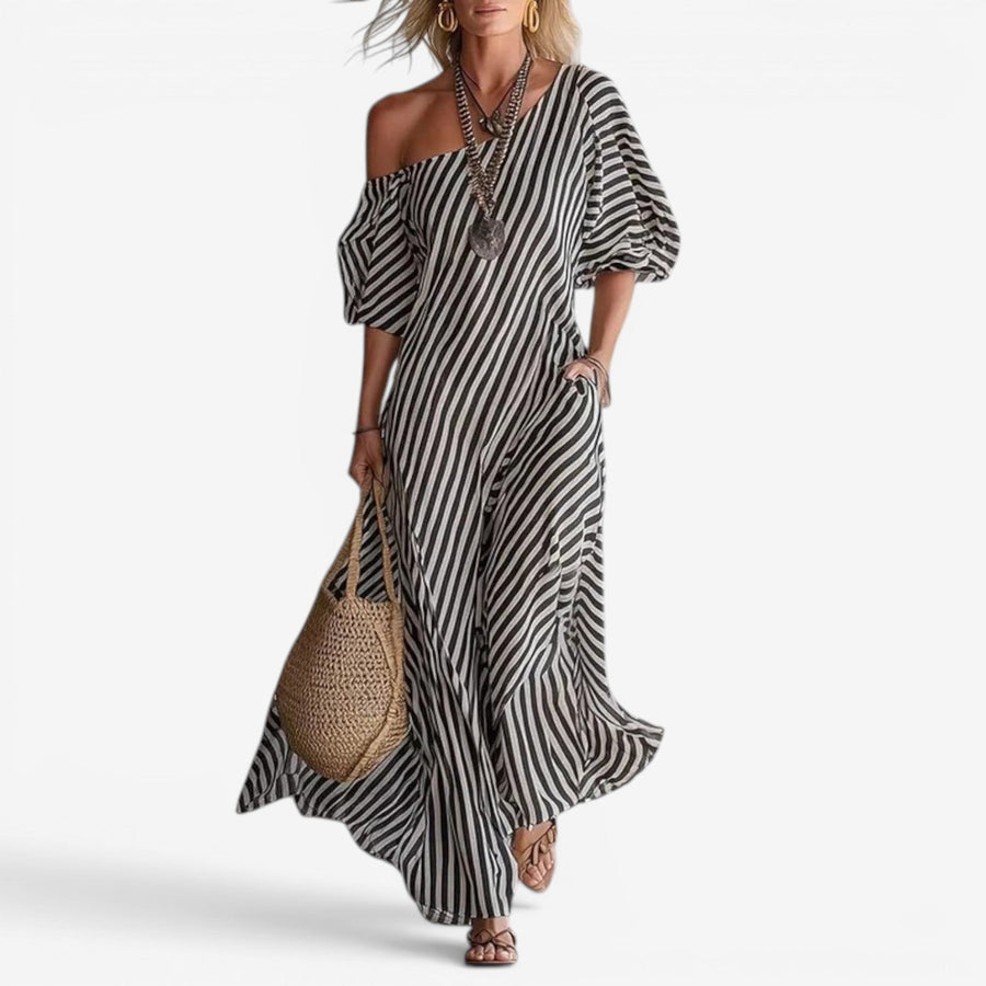 Randig Maxiklänning med Off Shoulder och Puffärm