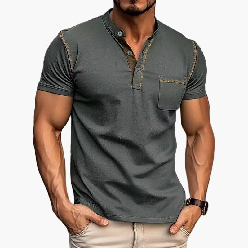 Herr T-shirt med Henley-krage och färgblock, kortärmad – Modern och avslappnad stil för vardag och fritid