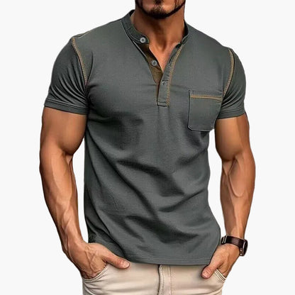 Herr T-shirt med Henley-krage och färgblock, kortärmad – Modern och avslappnad stil för vardag och fritid