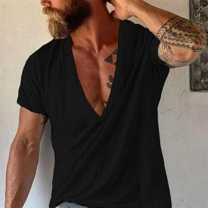 Herr T-shirt med djup V-ringning, avslappnad stil, kort ärm – Perfekt för vardag och sommar