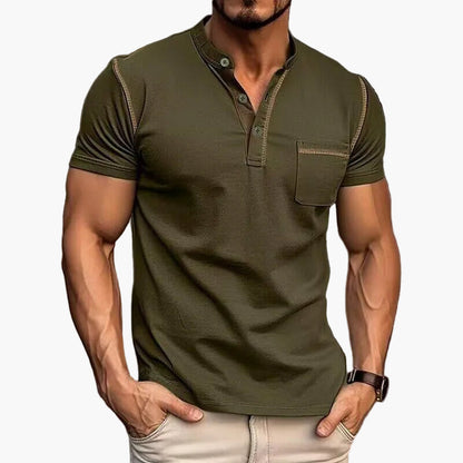 Herr T-shirt med Henley-krage och färgblock, kortärmad – Modern och avslappnad stil för vardag och fritid