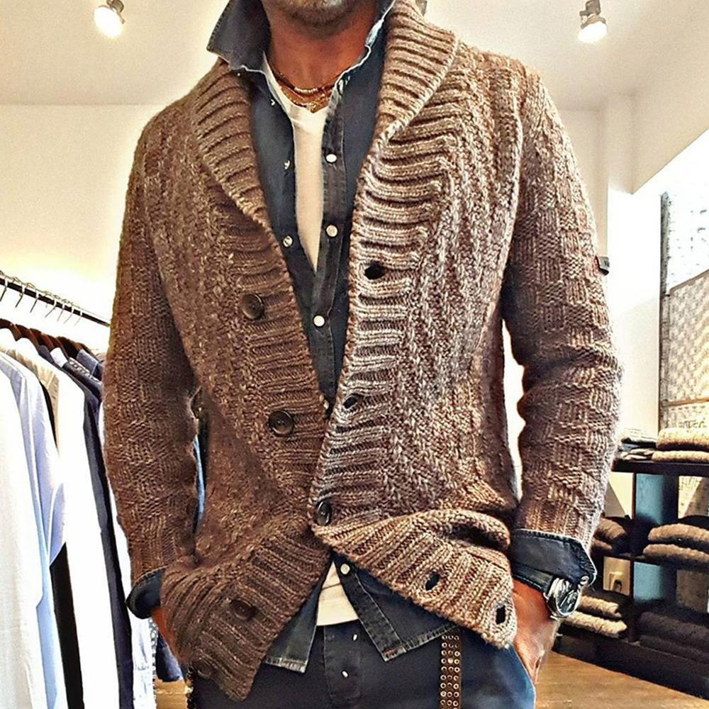 Herr Vintage Stickad Cardigan med Slag – Stilren och Avslappnad Jacka för Vardagsbruk