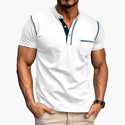 Herr T-shirt med Henley-krage och färgblock, kortärmad – Modern och avslappnad stil för vardag och fritid