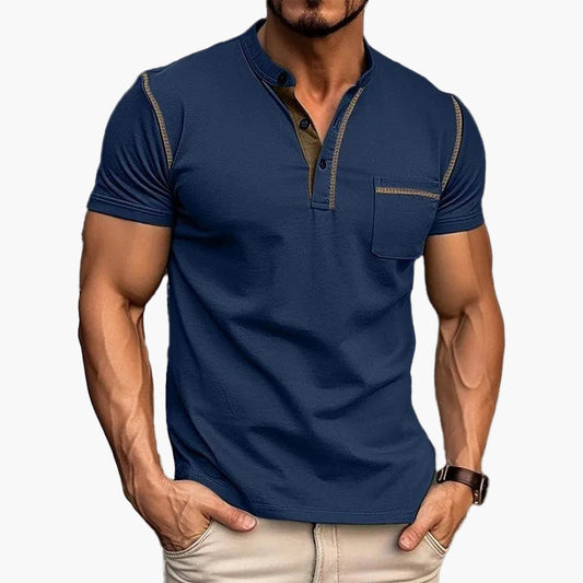 Herr T-shirt med Henley-krage och färgblock, kortärmad – Modern och avslappnad stil för vardag och fritid
